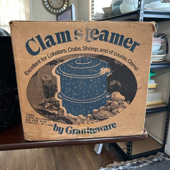 Vintage Graniteware three-piece porcelain on steel clam steamer holds 19 quarts - Picture 3 of 8